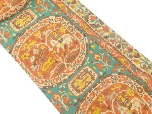 動物に花葉模様織出し開き名古屋帯（額縁仕立て）